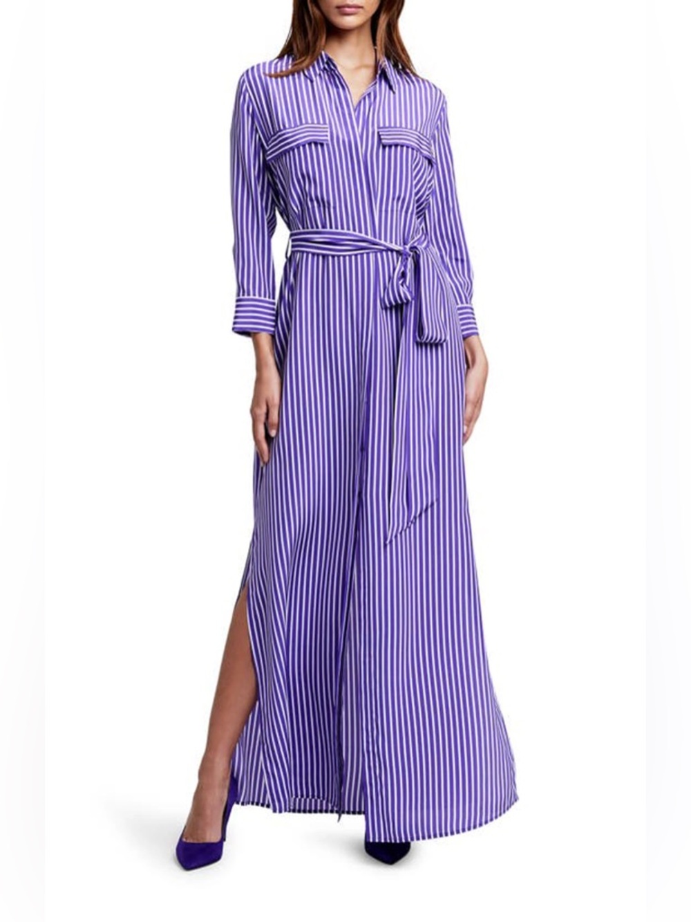 💯Silk L'AGENCE Purple and White Vertical-Stripe Maxi Shirt Dress